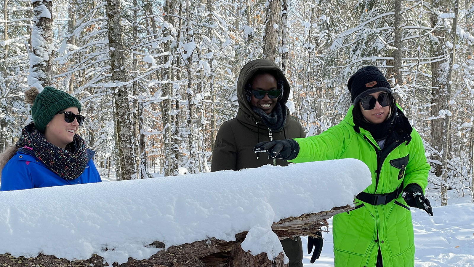 Three Women Touching Log Adirondack Sensory Snowshoeing